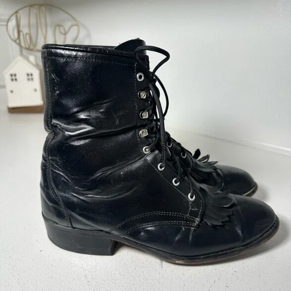 Laredo Kiltie Lace-Up Ankle Boots Womens 7M Black Leather Western Vintage Roper - Picture 4 of 8